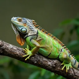 A green iguana sitting on a branch