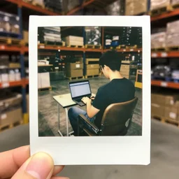 a polaroid photo of man using a laptop inside in warehouse, he sitting on chair and small table, photo from behind, high details, perfect face shape