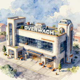 overwatch jakarta hypermarket building, indonesia, stylized, exterior, architecture, in watercolor gouache detailed paintings, arcane, insanely detail, artstation, 8 k, futuristic, big medium small, props, furniture and decor, empty, no character