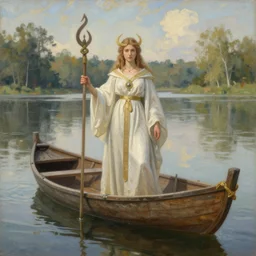 a beautiful artwork of a druid princess in a boat on a lake, by alexandr averin, featured on artstation