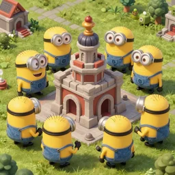 a group of giant minions standing near a Town Center in the game Age of Empires