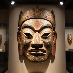 traditional pagan mask in a museum with spot lights, realistic, photography, photojournalism, national geographic photoshoot
