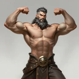 a highly detailed illustration of short haired shirtless bearded god, heroically flexing bodybuilding pose, muscular, intricate, elegant, highly detailed, centered, digital painting, artstation, concept art, smooth, sharp focus, league of legends concept art, WLOP
