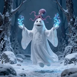 an ethereal live action muppet ghost wraith like figure with a squid like parasite latched onto its head and long tentacle arms that flow lazily but gracefully at its sides like a cloak while it floats around a frozen rocky tundra in the snow searching for lost souls and that hides amongst the shadows in the trees, this character has hydrokinesis and electrokinesis as a real muppet by sesame street, photo realistic, real, realistic, felt, stopmotion, photography, sesame street