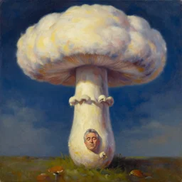 8 0 s new age album cover depicting a mushroom cloud in the shape of guy fieri, very peaceful mood, oil on canvas by ernst haeckel, by frida kahlo