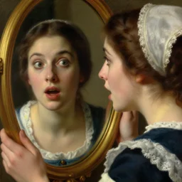 closeup portrait painting by Edmund Blair Leighton of a surprised beautiful medieval barmaid, detailed face looking in the mirror at her reflection