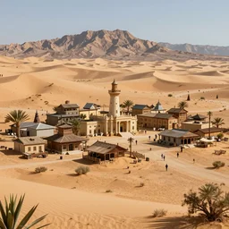 large fantasy western town in the middle of a desert with a mountain in the background. magic the gathering art, digital media
