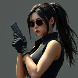 asian woman with a pistol with a face like zhang ziyi, long hair in a ponytail, wearing sunglasses, a black vest and black gloves, 3 d, unreal engine 5, octane render, detailed, cinematografic, cinema 4 d, nvidia ray tracing graphics, artstation, greg rutkowski style