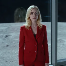 a still from bladerunner 2 0 4 9 of elle fanning wearing a red business suit looking anxiously into the camera next to a plate glass window. outside we see the surface of the moon. sci fi, futuristic, cinematic, soft lighting, sci fi, canon eos r 3, f / 3, iso 2 0 0, 1 / 1 6 0 s, 8 k, raw, unedited