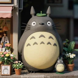 beautiful hyperrealism three point perspective film still of  flower shop totoro climbing scene in Totoro meets lloyd wright(1988) extreme closeup portrait in style of 1990s frontiers in translucent porclein miniature street photography seinen manga fashion edition, miniature porcelain model, focus on face, eye contact, tilt shift style scene background, soft lighting, Kodak Portra 400, cinematic style, telephoto