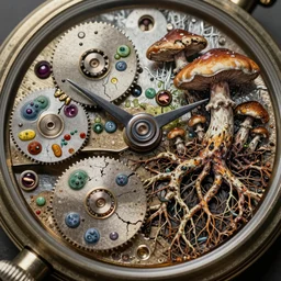 detailed view from inside a clockwork watch landscape, wet ink, entangled roots covered in mushrooms, cracked earth, living spore microorganisms, decaying, rusty, hyper realistic photo, full colour, upscale, 8 k