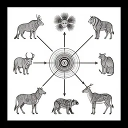 a spiritual clean diagram aboriginal about selk ´ nam and the animals, muy definido, with lines interconnecting situations, clean design,, by bauhaus, ex libris, 2 4 0 0 dpi