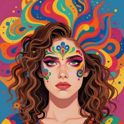 a colorful vibrant closeup portrait of a simple caucasian woman with face paint makeup festival intricate and curly mid length brown hair with a resentment bitter frustrated aesthetic face and dreaming psychedelic hair, by kawase hasui, moebius, edward hopper and james gilleard, zdzislaw beksinski, steven outram colorful flat surreal design, hd, 8 k, artstation