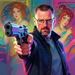 portrait of walter white pointing a gun, by etam cru, cyberpunk color, colorfull rimlight, by alphonse mucha, by surudenise, beautiful, epic camera, colorful background, refraction and reflexion, digital painting, dynamic colors, artstation, graffiti, neon