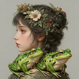 hyperdetailed fantasy profile portrait of princess and the frog with floral plants in hair. by greg rutkowski, highly detailed, digital painting, artstation, smooth, sharp focus illustration, artstation hq. intricate, elegant, 8 k, unreal engine. art by wlop and artgerm and ayami kojima. dan mumford, tomokazu matsuyama, takato yamamoto