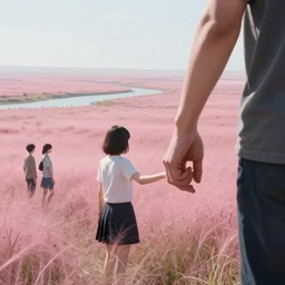 concept art by Neil Blevins, James Paick, Natasha  Tan Maciej Kuciara, highly detailed, ultra realistic man holding hand anime girl clearing with pink grass and a river long-range plan cinematic lighting