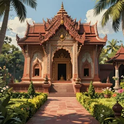 beautiful ancient temple in a formal garden. by edmund dulac and nicholas roerich and maxfield parrish. ornate carvings, geometric decorations. rich color. dramatic cinematic lighting. extremely clear and detailed. cell shaded. dynamic composition, featured on artstation. studio ghibli, sylvain sarrailh