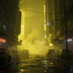 cyberpunk streets at night with thick yellow smog, hyperdetailed, cinematic lights, octane render, trending on artstation, artstationHD, artstationHQ, unreal engine, 4k