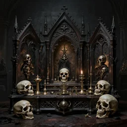death cult reliquary, gothic, skulls, medieval, grimdark, art by brom
