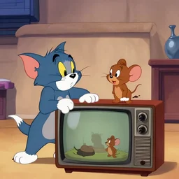 tom and jerry playing on vintage tv, summer night
