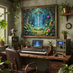 very tidy steampunk home office overseeing a magical portal, lush plants, machines, synthesizer, beautifully lit, painting, high resolution, trending on artstation