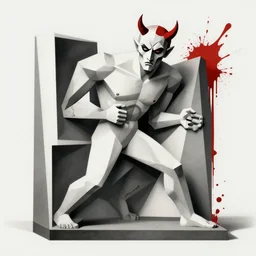 a cubistic depiction of the hell in Bauhaus style, disturbing, with blood splatters later added showing the devil himself