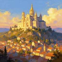 A fantasy digital painting of a town on the side of a large hill topped by a massive cathedral, golden hour, vibrant color scheme, by Elodie Mondoloni