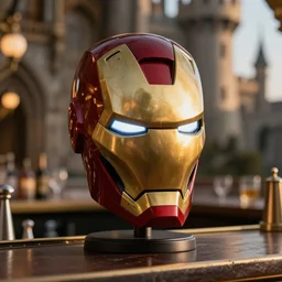 a reflective steel engineering ironman - mask at a high end bar in a medieval themed castle in golden afternoon light, professional photography