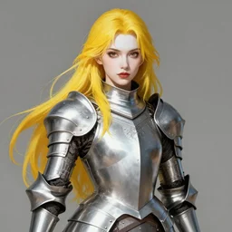 pin - up portrait of a female knight, beautiful, skintight silver armor, long yellow hair, brown eyes, white skin, fantasy, highly detailed, realistic, illustration, artgerm, joshua middleton, greg rutkowski