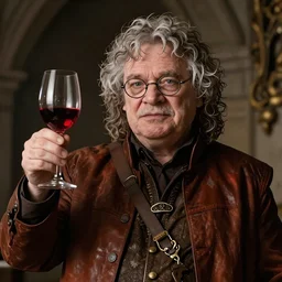 portrait of George R.R. Martin as Tyrion Lannister wearing glasses with grey hair, raising a glass of red wine, fantasy leather clothing, ambient lighting, 4k, anime key visual, lois van baarle, ilya kuvshinov, rossdraws, artstation