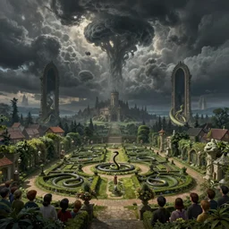 serpent garden, bursting portals through dark clouds in the sky, distant castle structures with villages staring in awe in the foreground, by hp lovecraft, otherworldly, by greg rutkowski, thalassophobia, very detailed
