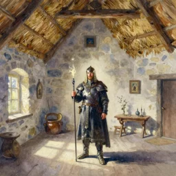abstract watercolor painting of hedonic scandinavian king house interior, in stone, straw roof, war lord, magical and traditional, crisp daylight, sharp shadows, cinematic light, national romanticism by anders zorn, by greg rutkowski, by greg manchess