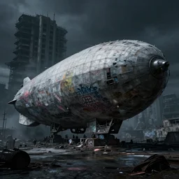 a brutalism dark photo of an airship full of graffiti