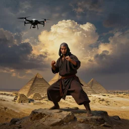 a drone - angle dark orientalist close portrait of a charismatic egyptian / arabic style kung fu - monk with piercing eyes, in a fighting pose on top of a pyramid overlooking the ancient monumental egyptian ruin city at dusk under dramatic skies with billowing cumulus clouds, vertigo, wide - angle, painted by anders zorn, craig mullins
