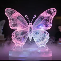 butterfly ice sculpture, pink, purple, glow, fog,