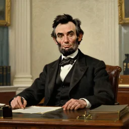 portrait of abraham lincoln, young, vigorous, mordern suit and tie, sitting at the resolute desk in the oval office, oil on canvas by william sidney mount - 2 0 2 2, trending on artstation