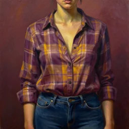 detailed portrait in femininity, ethnic, realistic face sculpted features, statuesque model, modern fashion, plaid shirt and jeans, warm glow, supple, bathed in light, chiaroscuro, specular highlights, angular impressionism, radiosity, plum and yellow color scheme, deep rich tones, contemporary art, oil on canvas