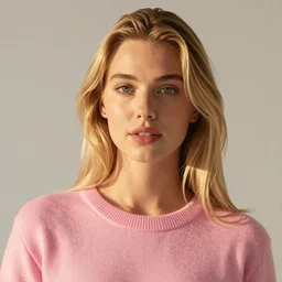 young blonde female model wearing pink sweater, portrait, neck zoomed in, photo realistic, slr, studio lighting, golden hour, 4 k, high definition