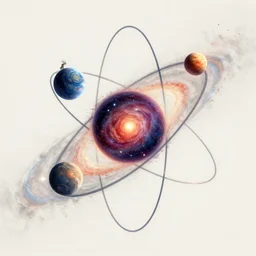 universe, atom orbital style, galaxies, supernovas, planets