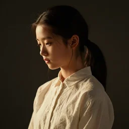 portrait of a korean girl, medium closeup, pigtails, cinematic light, dark background, sideview, looking down, wrinkled cotton shirt, by serge marshennikov, jeremy lipking, artgerm, alphonse mucha