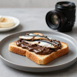 toast with nutella and sardine, food photography, 5 0 mm f / 1. 6, sigma lens, elegant