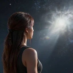 noisy color photograph of back woman looks at the space, hyper detailed, 8 k realistic, unreal render, mega detailed, epic, volumetric light, hyperrealistic