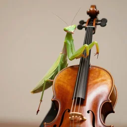 a happy praying mantis playing cello