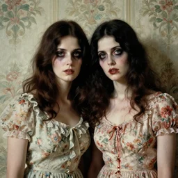 a beautiful and eerie baroque painting of two women who are beautiful but creepy, wearing floral dresses, with haunted eyes and dark hair, 1 9 7 0 s, seventies, wallpaper, a little blood, morning light showing injuries, delicate embellishments, painterly, offset printing technique, by brom, robert henri, walter popp