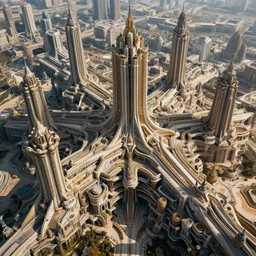futuristic ancient style city, extreme opulence, utopia, cinematic, futuristic, ultra realistic, high detail, high contrast and sharp hyperornate aerial view