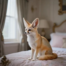medium shot, photo of a fennec fox sitting in a fancy bedroom, looking out window. studio lighting, beautiful lighting, calming, by charlie waite, max rive, caroline foster