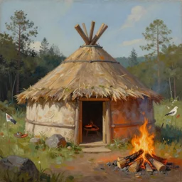 a beautiful painting of a round indigenous sweat lodge hut near a campfire, matte painting, trending on artstation, art by christophe vacher