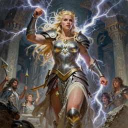 A mixed media painting of the beautiful blonde goddess of war infused with lightning, very aesthetic, curvy, detailed face, elven armor, by Frank Frazetta, Greg Rutkowski, Boris Vallejo, Beeple, Yoko Taro, Christian MacNevin, epic fantasy character art, goddess of anger, viking runes, high fantasy, CGsociety, full length, exquisite detail, post-processing, low angle, masterpiece, cinematic, odin's stone arena background