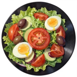 acid style vinyl cover, salad with olives, tomatos and boiled eggs, highly detailed, digital painting