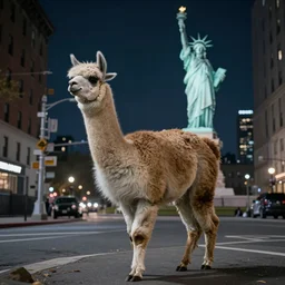 a llama walking through a desolate manhattan city street at night, statue of liberty seen in the background, realistic 4 k octane beautifully detailed render, 4 k post - processing, highly detailed, intricate complexity, epic composition, magical atmosphere, cinematic lighting, masterpiece, ultra hd